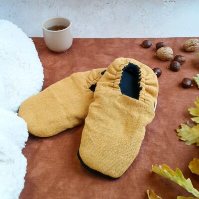 chaussons chauffants cocooning moutarde aux graines de lin bio