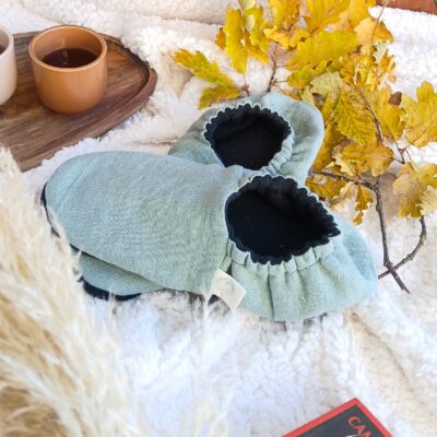 chaussons chauffants cocooning vert tilleul aux graines de lin bio